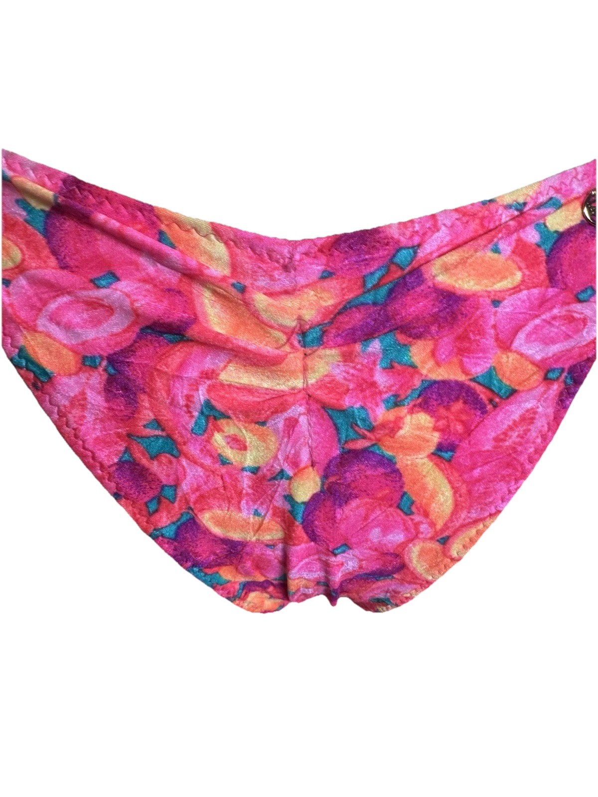 Vintage 90s High Cut Bikini Bottoms Neon Pink Print Ruched Bows USA Made SMALL