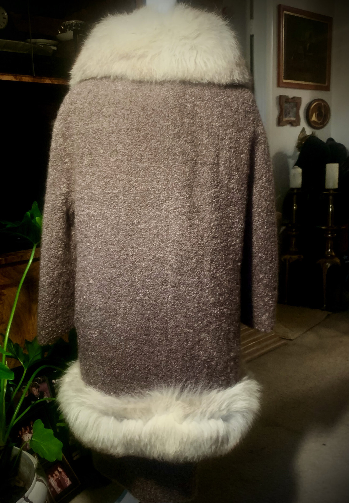 Brown Mocha Wool Boucle Silver Fox Fur Trimmed Belted Coat & matching Dress 8 10