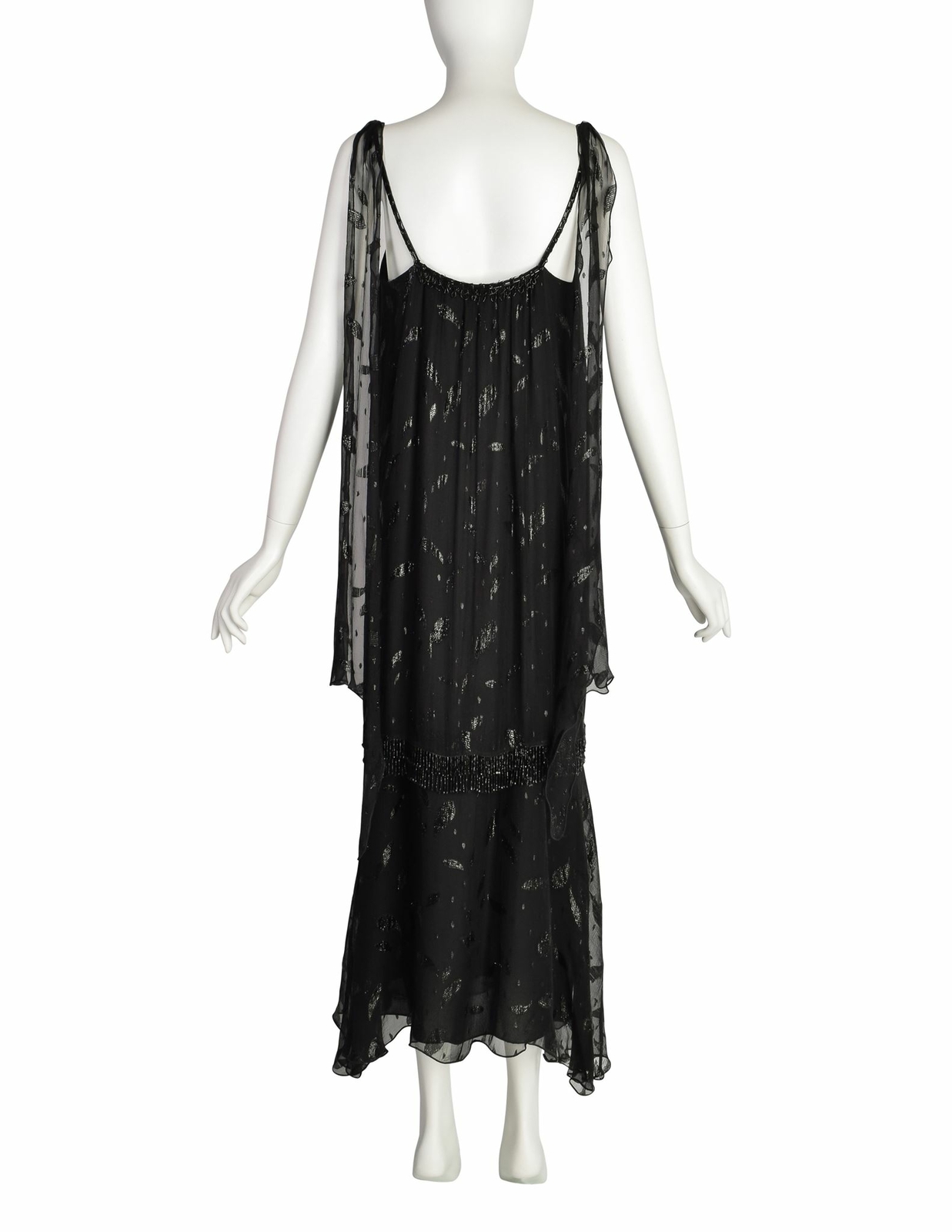 Holly’s Harp Vintage 1980s Black Silk Chiffon Metallic Leaf Jacquard Beaded Frin