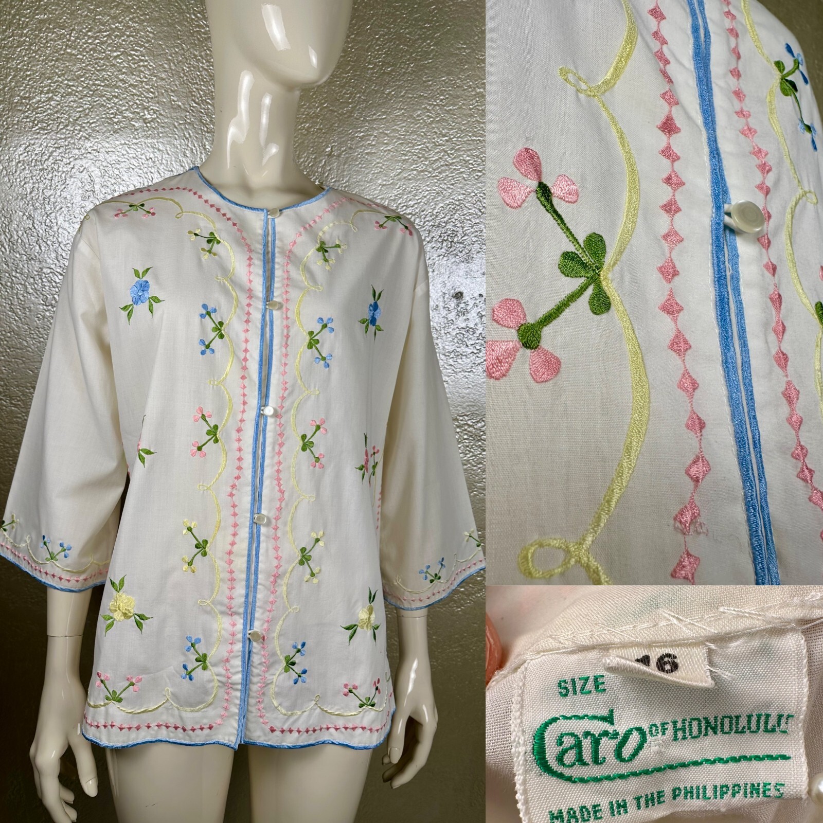 Vintage Ladies CARO OF HONOLULU White Embroidered Cotton Tunic Top L