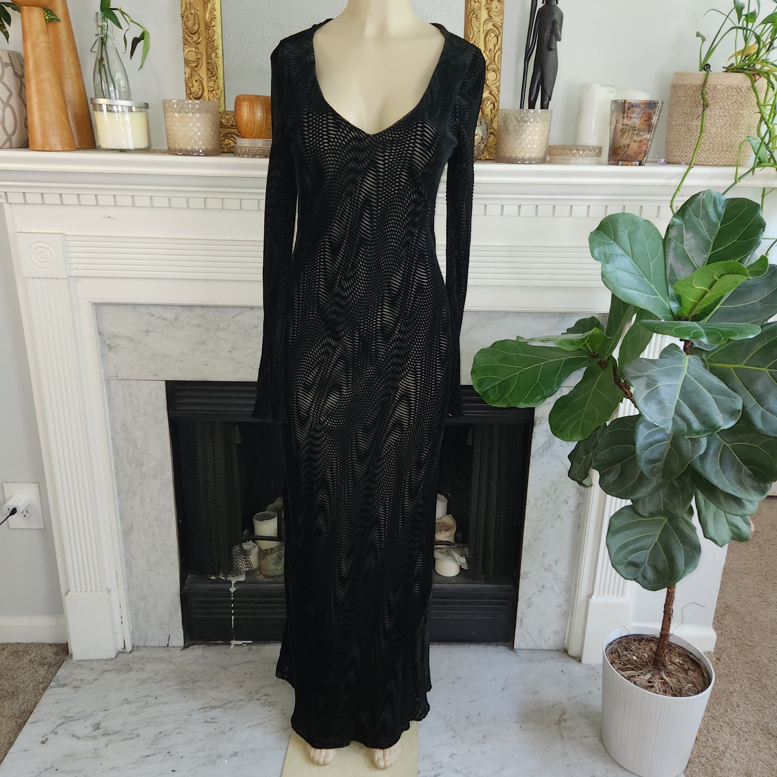 90s Helen David Devoré Velvet Burnout Black Maxi Dress Sz 8 Goth Dark Romantic