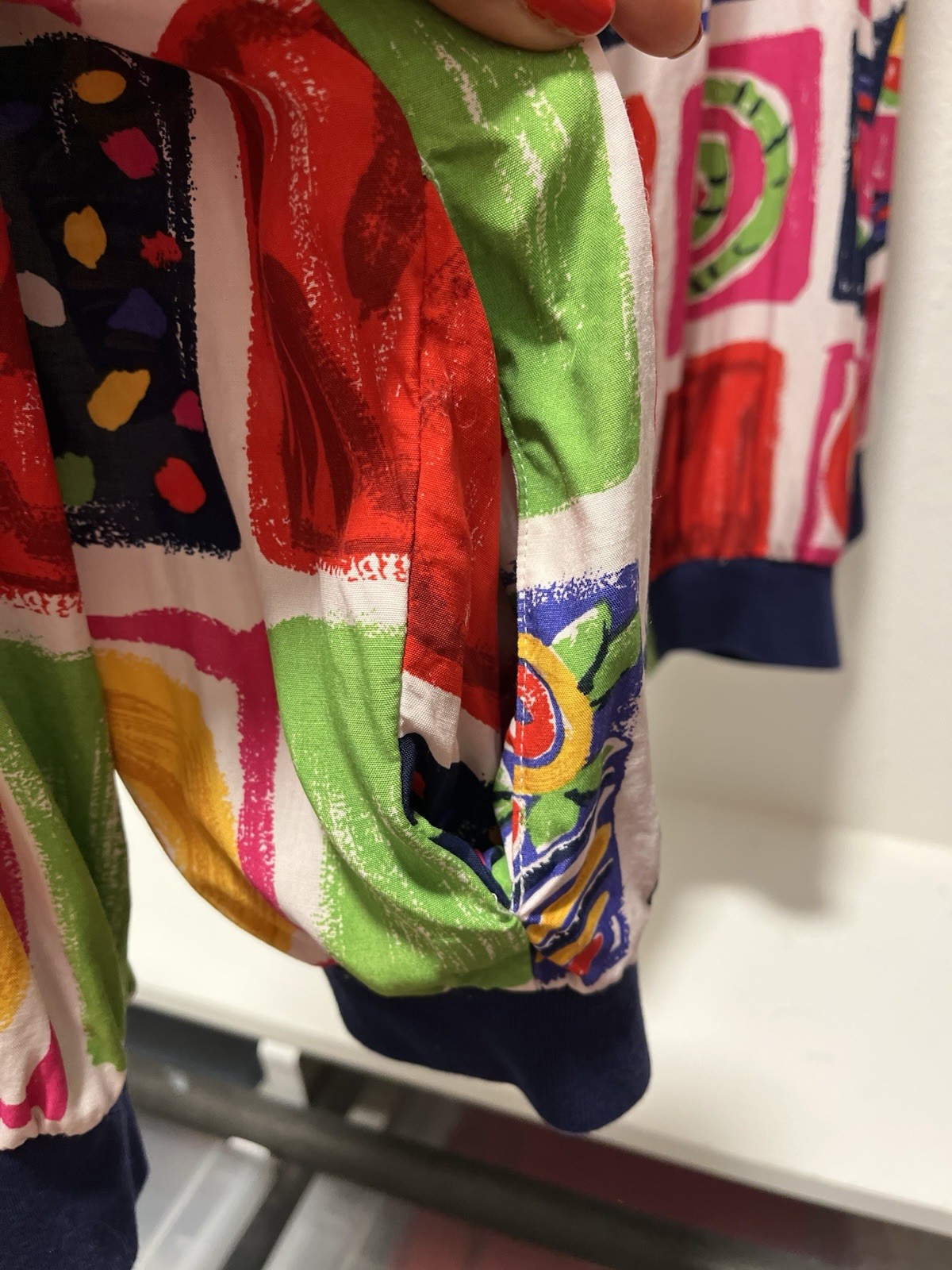 Chaus Multicolor Abstract vintage bomber jacket retro 80’s skirt set. Lrg.