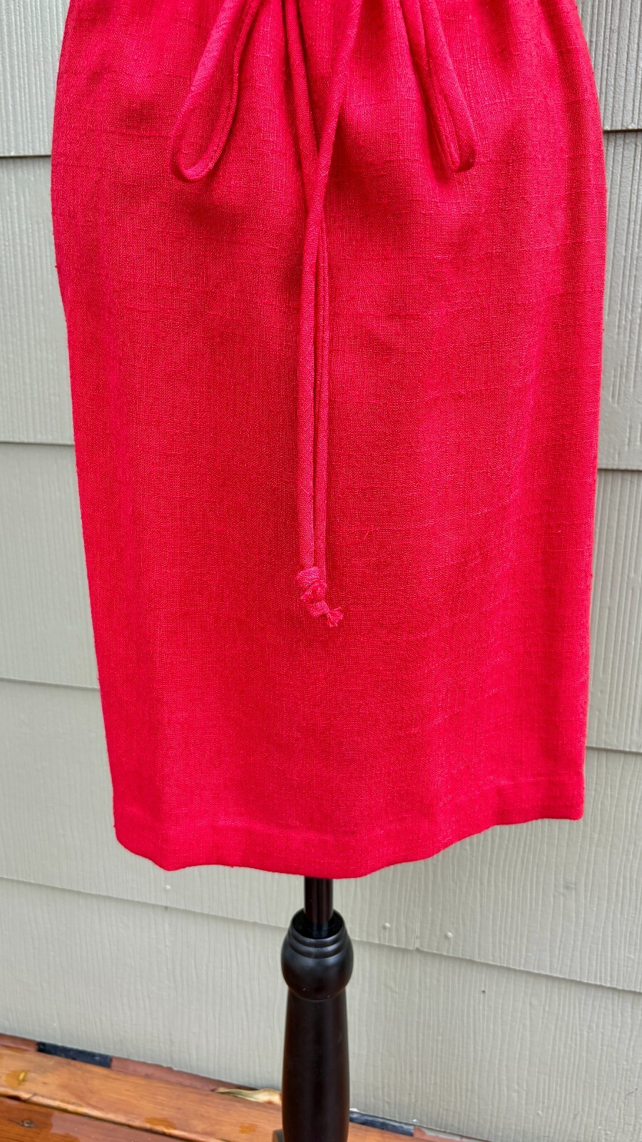 vtg LISA PETITES 70s Disco Casual Red Woven Knit Linen Belted Wrap A-Line Dress