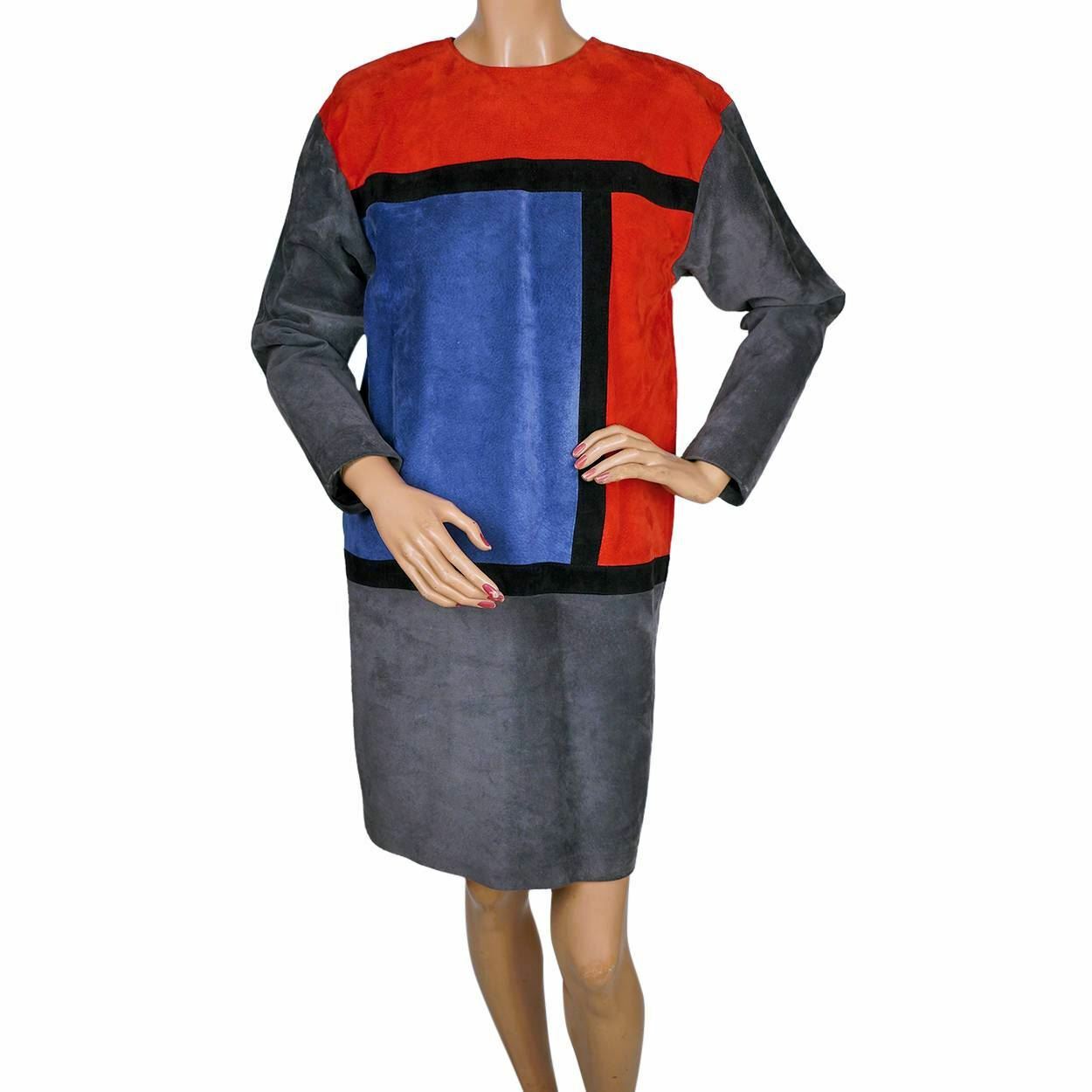 Vintage 1980s Dress Mondrian Colorblock Suede Leather Bagatelle Margaret Godfrey