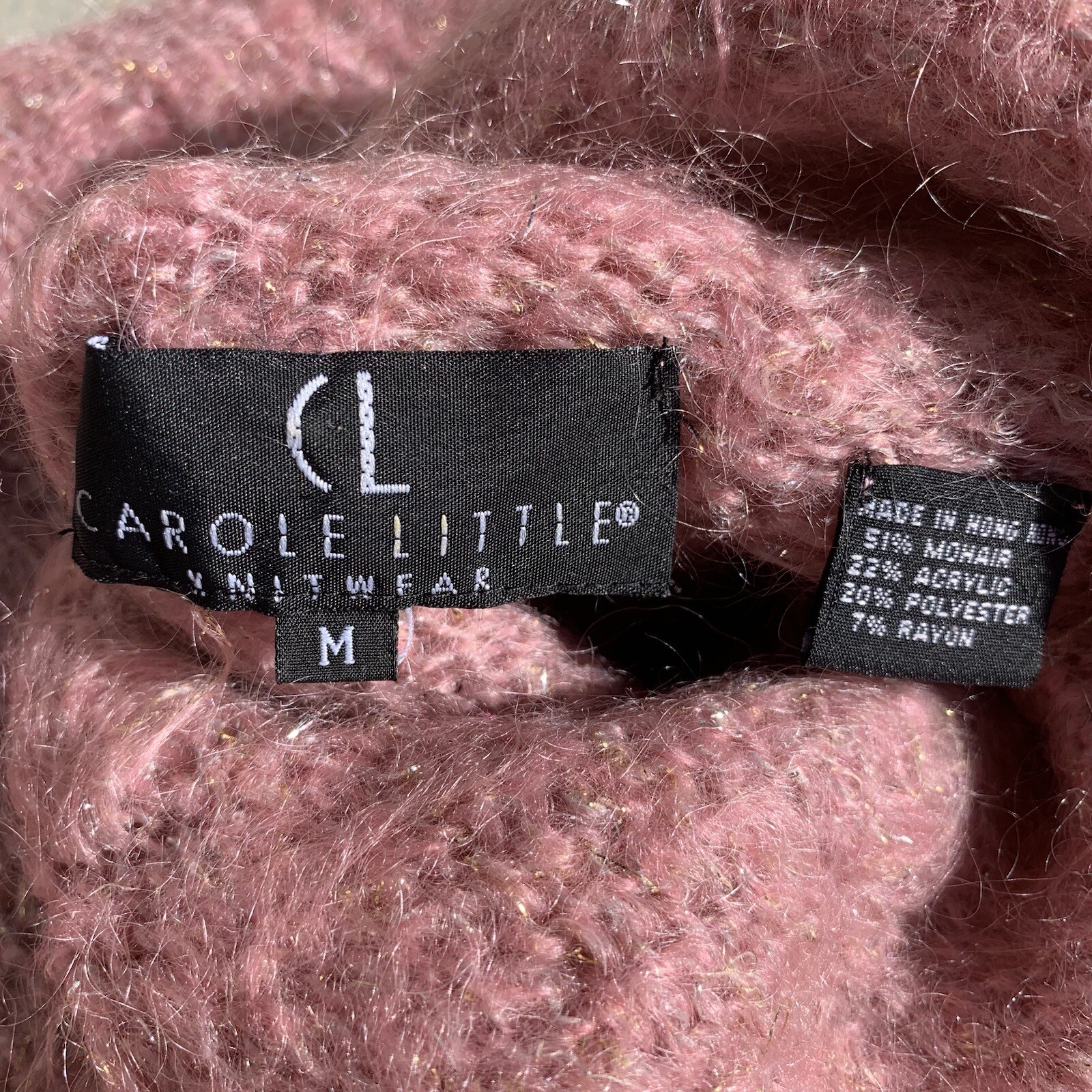 Vintage 80s 90s Carole Little Pink & Gold Thread mohair pullover sweater sz m