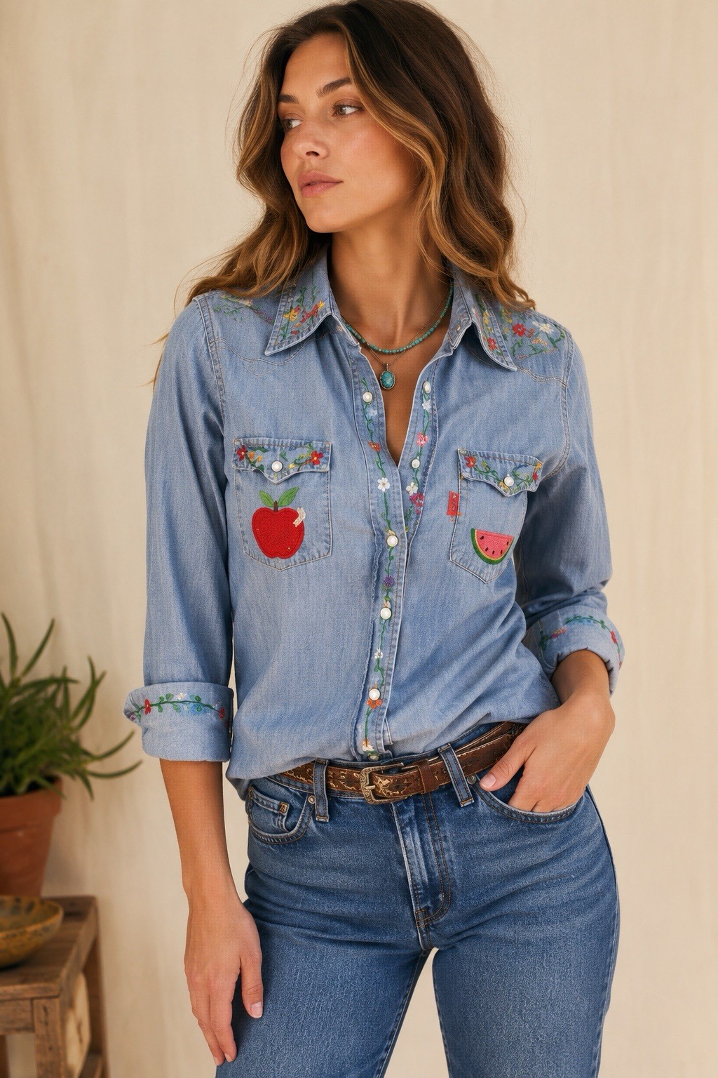 Vintage 1970s Levi’s Embroidered Chambray Western Shirt Floral Fruit Birds