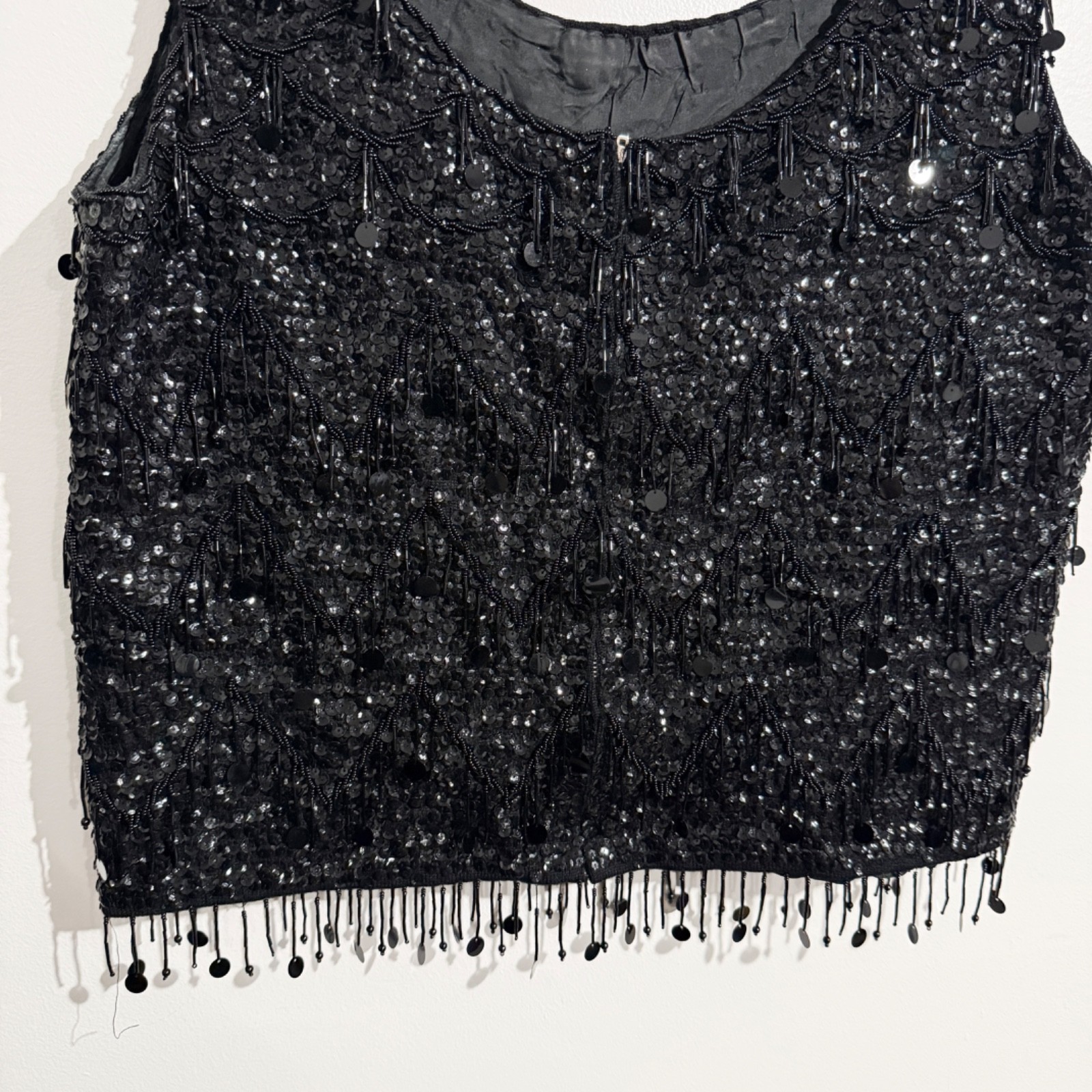 Vintage Black Sequin Beaded Top / Art Deco Inspired Fringe Sleeveless Party Top
