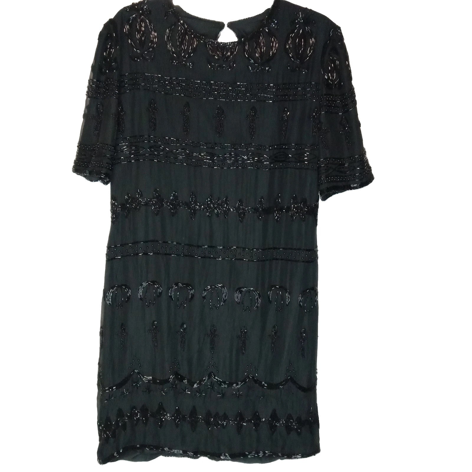 VTG Nite Waves Black Beaded Silk Dress Womens Sz M/L Cocktail Flapper Gatsby 80s