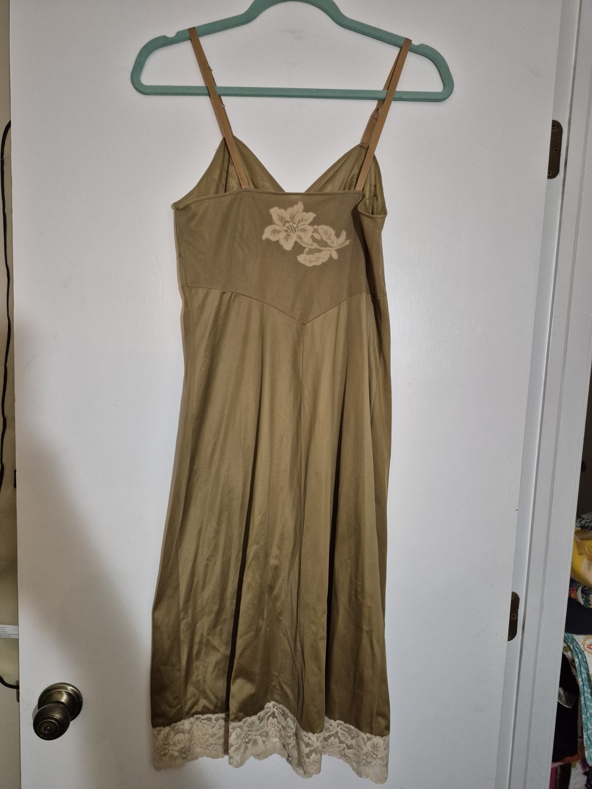 💥 UNIQUE Vintage 1960s Vanity Fair Tricot Nylon Lace Slip Dress Sz 32 Brown D2