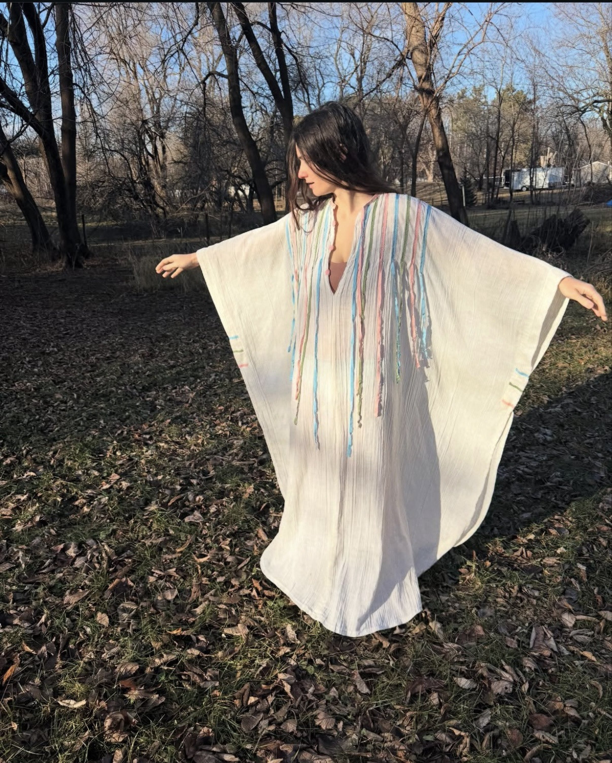 Vintage 1970s Cotton Gauze Ribbon Caftan Open Size