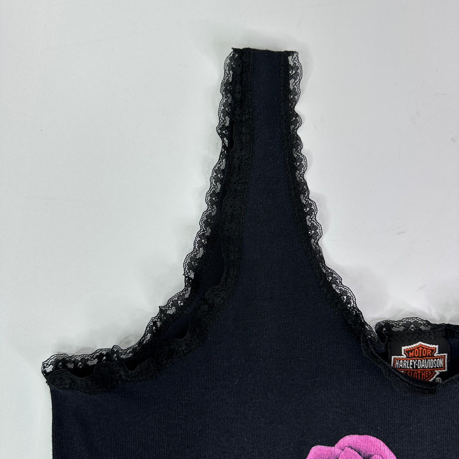Vtg Harley Davidson 3D Emblem Tank Top Womens XL Black Rose Lace Biker 90s USA