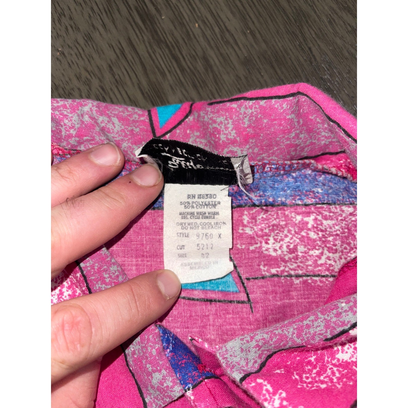 California Connection Inc Wmns 42 Pink Shirt 80s Geometric Abstract Print Vntg