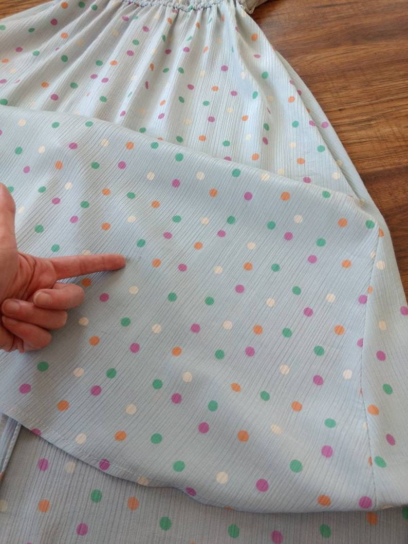 Vintage 80s Polka Dot Dress Gray Pink Green Orange White Crossover Bust