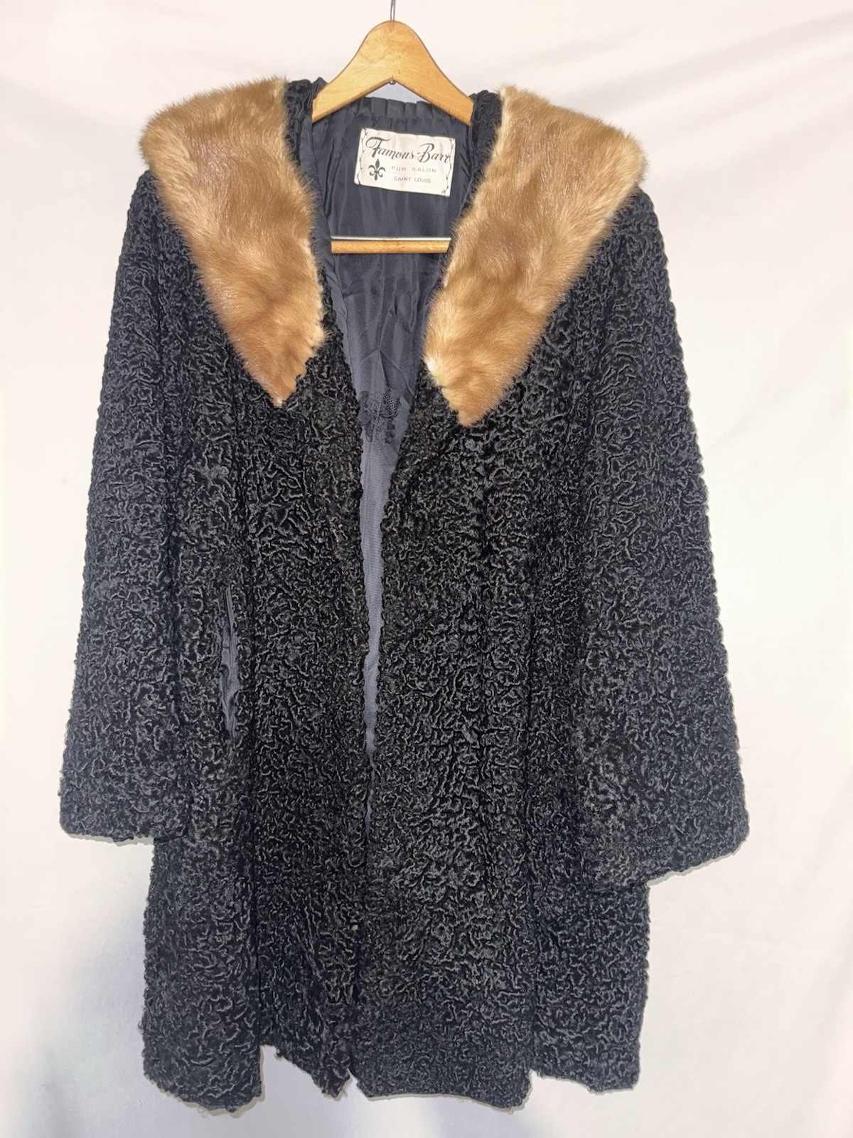 Vintage ‘50s Famous Barr Fur Salon St. Louis Black Curly Lamb Coat Mink Collar
