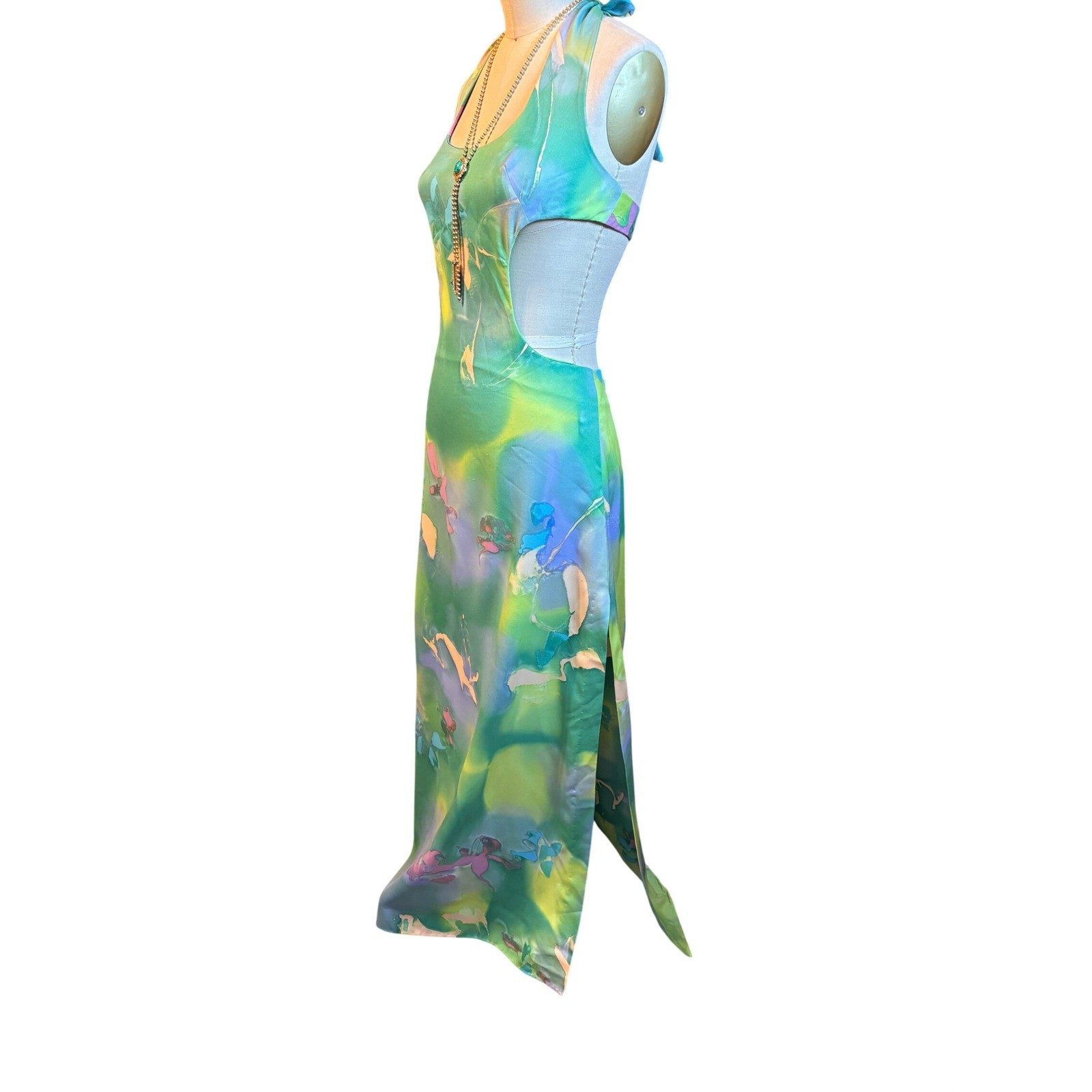 Watercolor Abstract Maxi Dress Set Halter Cutout Bolero Hippie Green Vintage