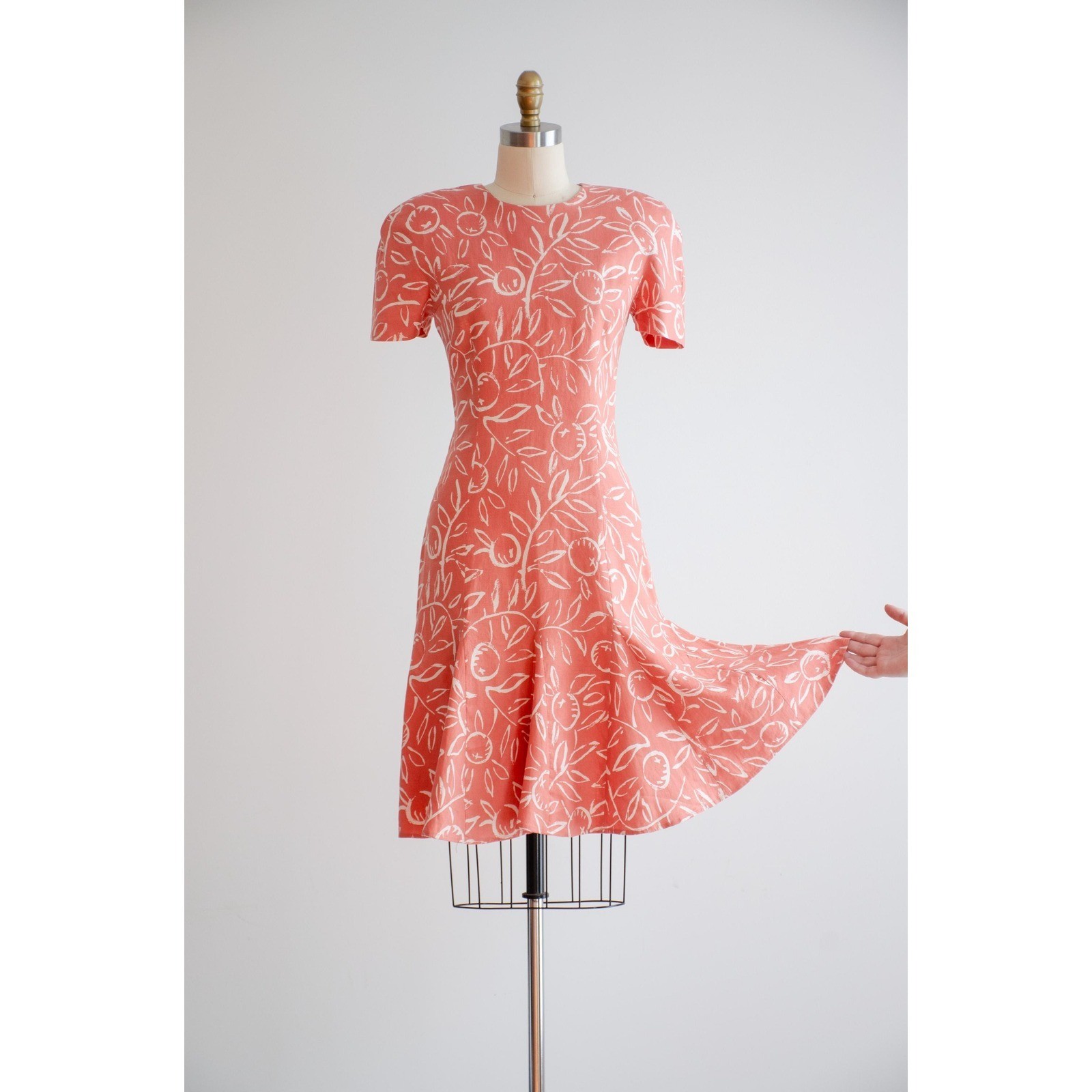 pink linen dress 80s vintage orange terra cotta fruit pattern mini dress