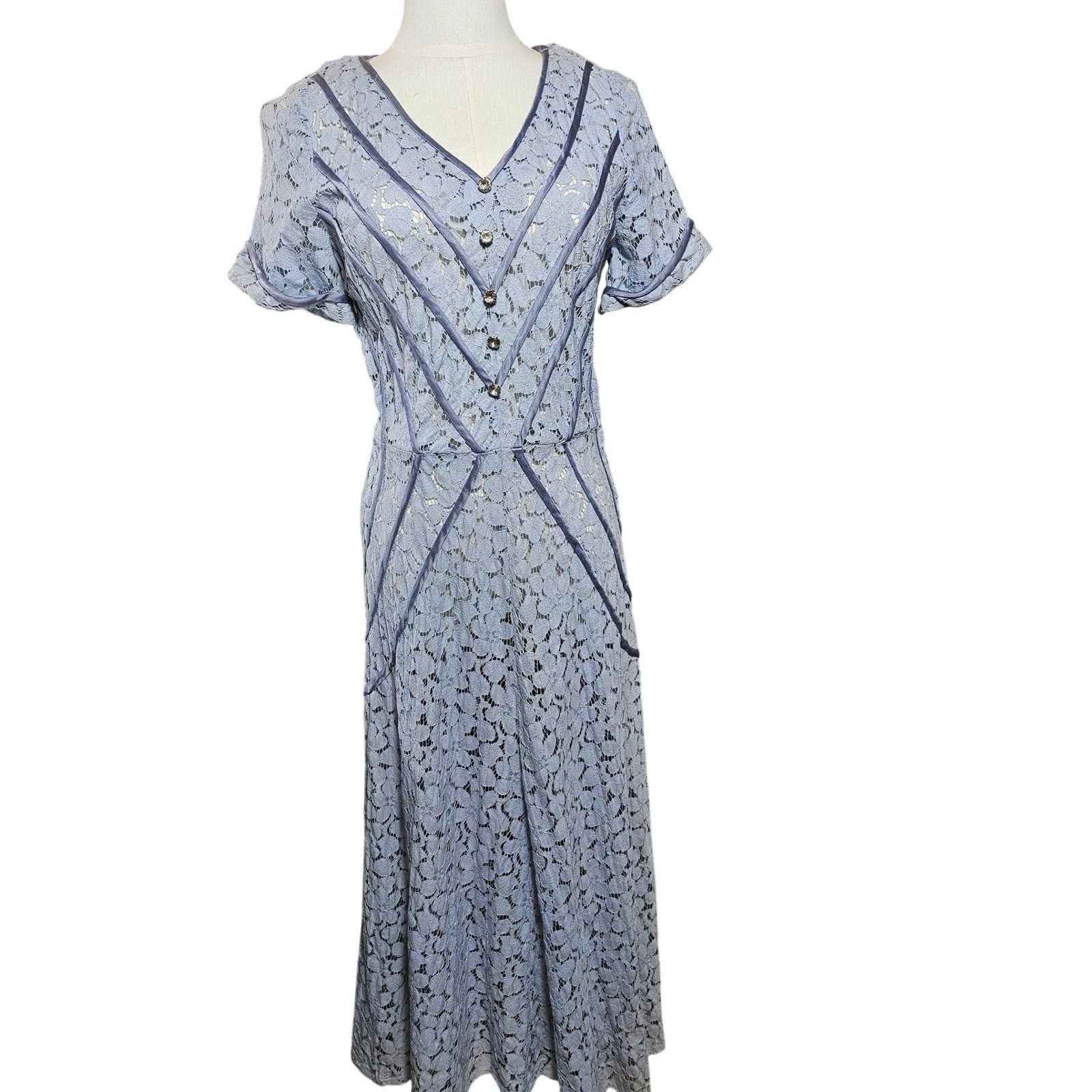 Vintage 40s C.H.D. Robbins Original Blue Floral Lace Dress V-Neck Mid-Mod XSm/Sm