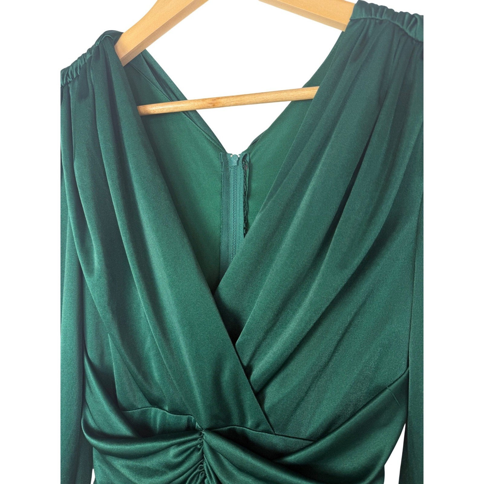 VTG Filigree Ltd Emerald Green Ruched V-Neck Midi Dress 80s Made in USA Size 8