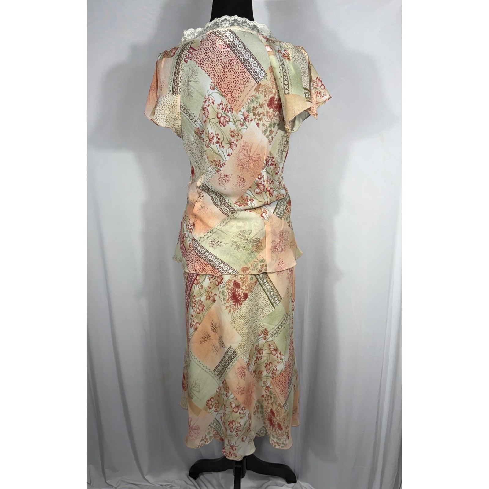 Vtg Y2K La Belle Floral Patchwork 2 Pc Set S/M Peplum Top Midi Skirt Pink Lace