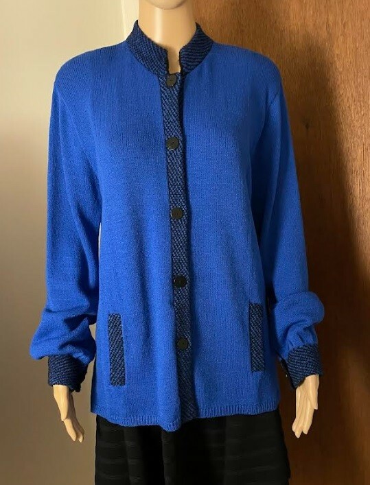ANNE PEDERSEN VTG 80s EUC Women’s L Royal Blue Wool Blend Cardigan w/Black Trim