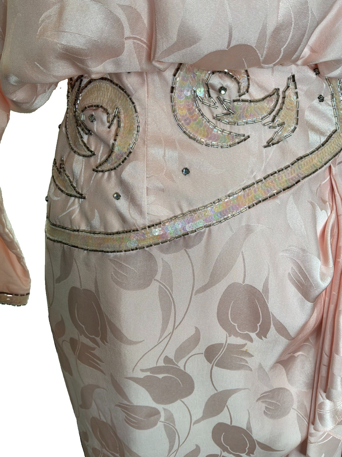 Vintage Oleg Cassini Pink Silk Beaded Cocktail Dress Tulip Jacquard Size 6