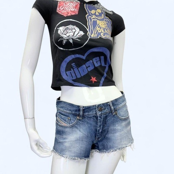 Vintage y2k diesel low rise micro denim cut off shorts, womens 25, frayed hem