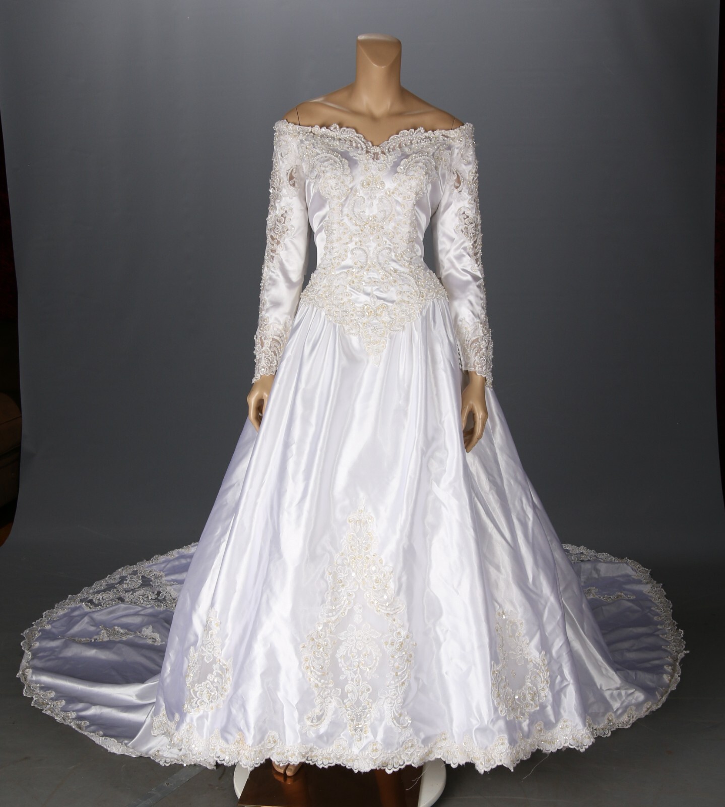Michaelangelo Vintage 80s 90s White Satin & Lace Wedding Dress sz 14