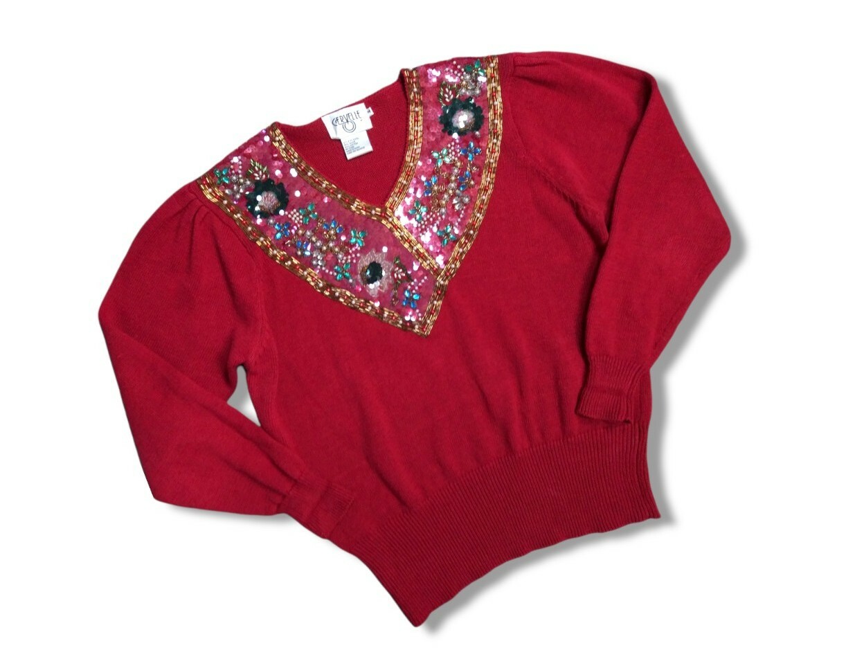 VINTAGE Cervelle Red Knit Beaded Sweater Woman’s Size M