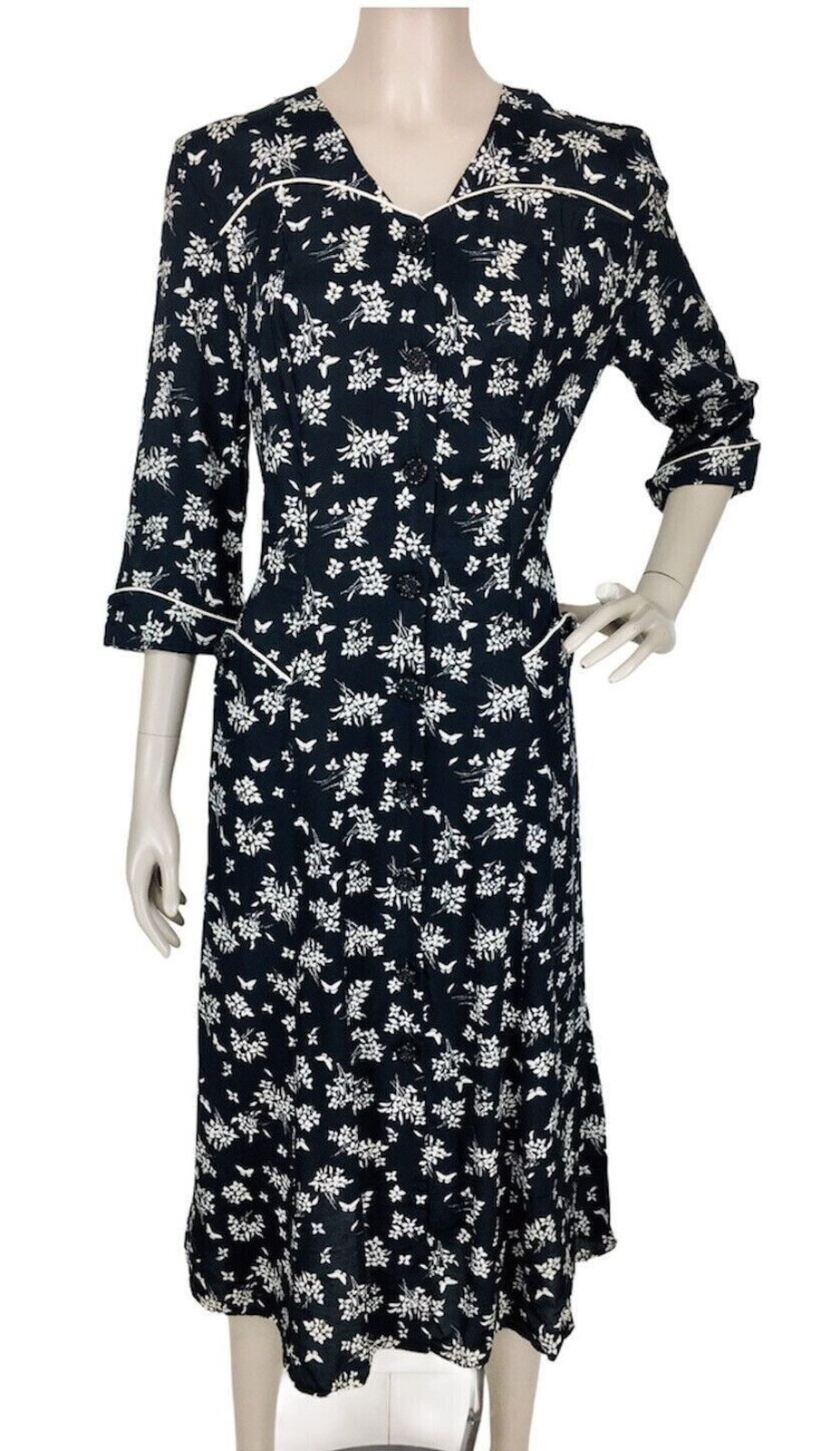 VTG 80s Does 40s Caroline Wells Blk/Whi Bouquet Floral Button-Down Midi Dress