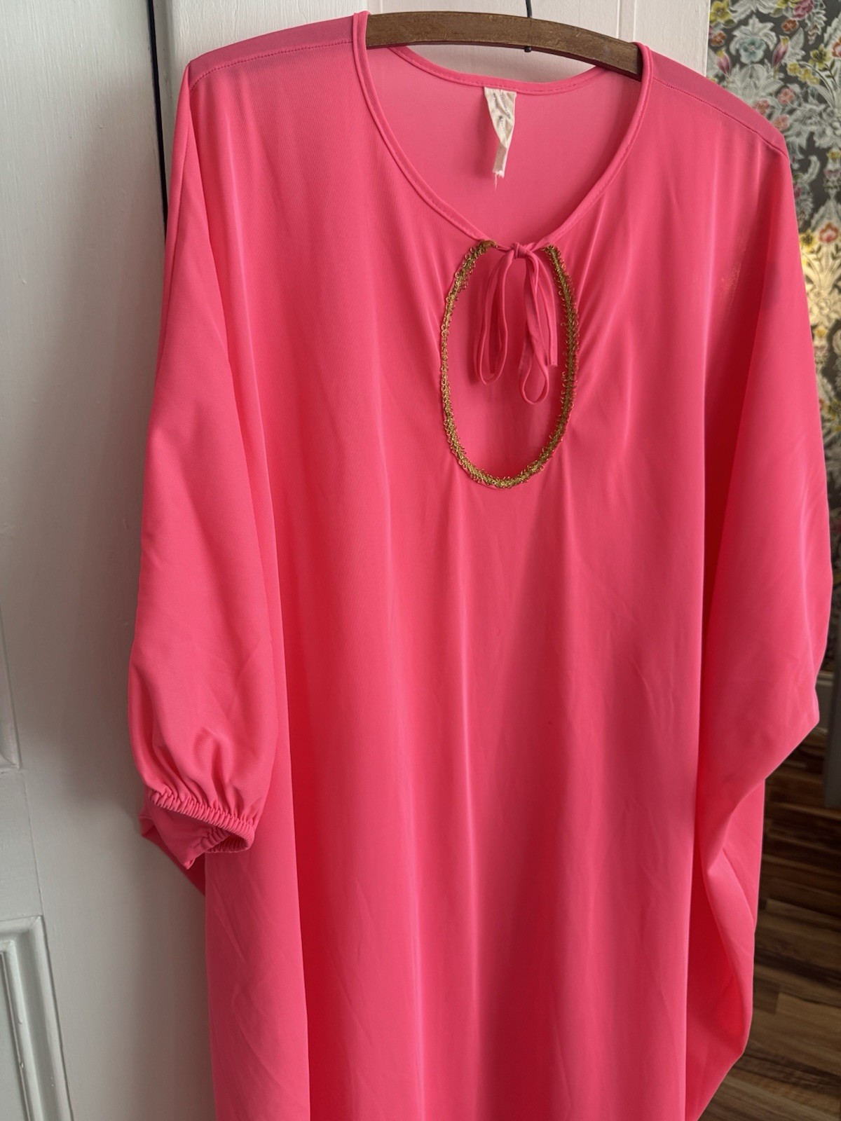 Vintage 60’s 70’s Hostess Caftan Nightgown Nylon Day-glo Pink Maxi Dress Onesize