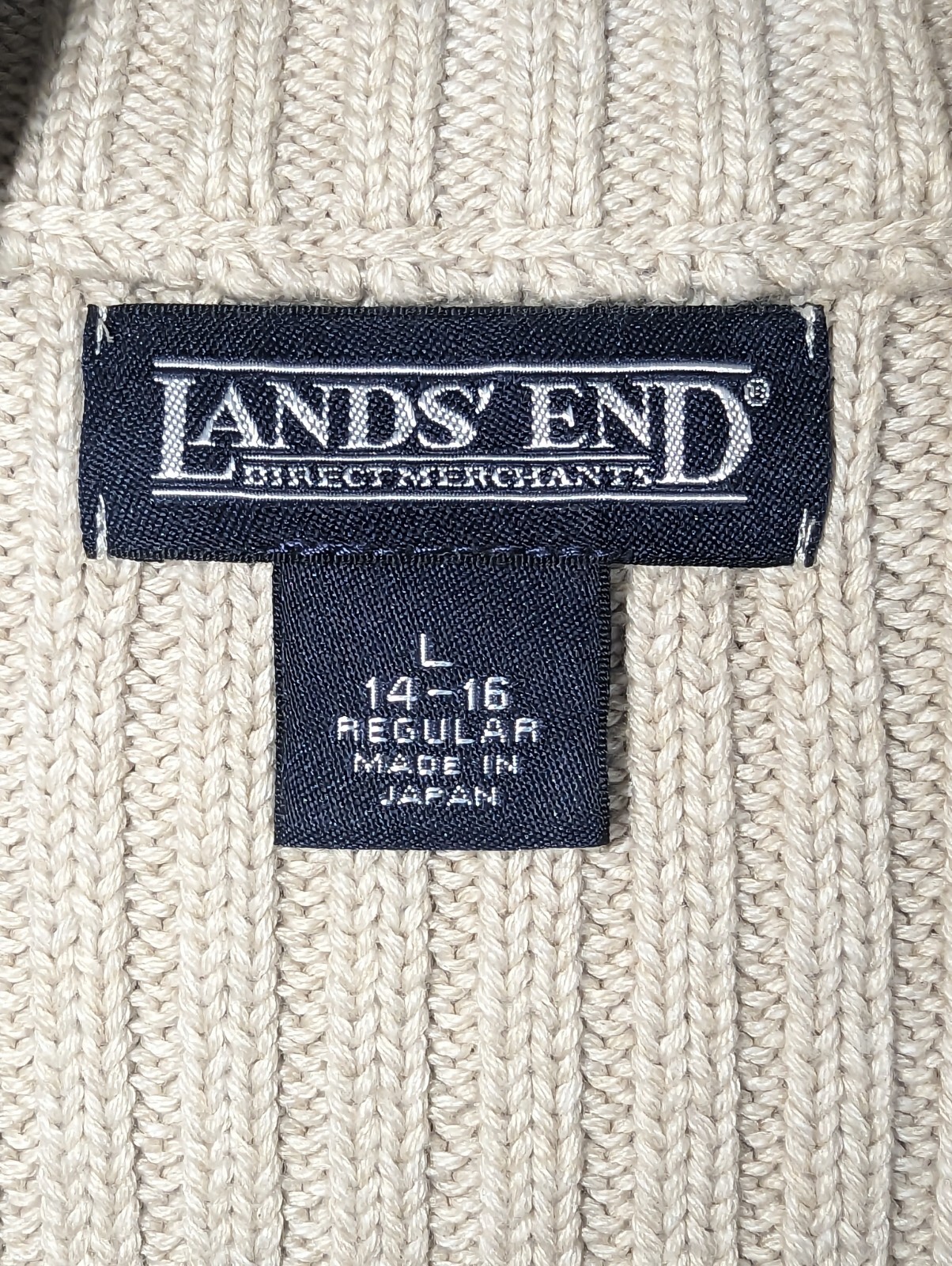 90s Lands End Cable Knit Full Zip Sweater Women’s 100% Cotton Large 14-16 Beige