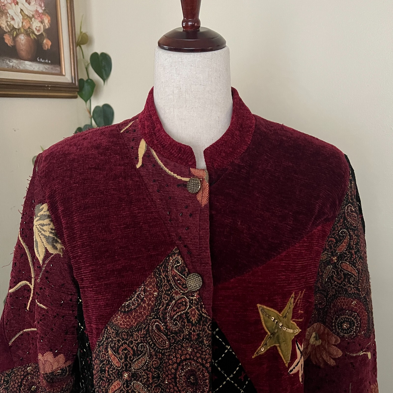 Alex Kim Vintage Burgundy Embroidered Patchwork Jacket sz Petite M