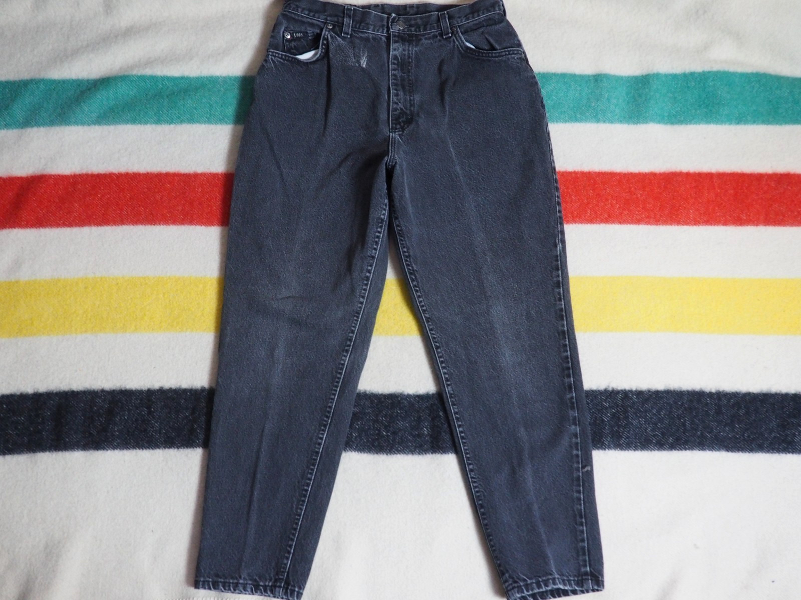 VTG 90s Lee Faded Black High Waist Taper Mom 30×27 USA Denim Jeans Pants Womens