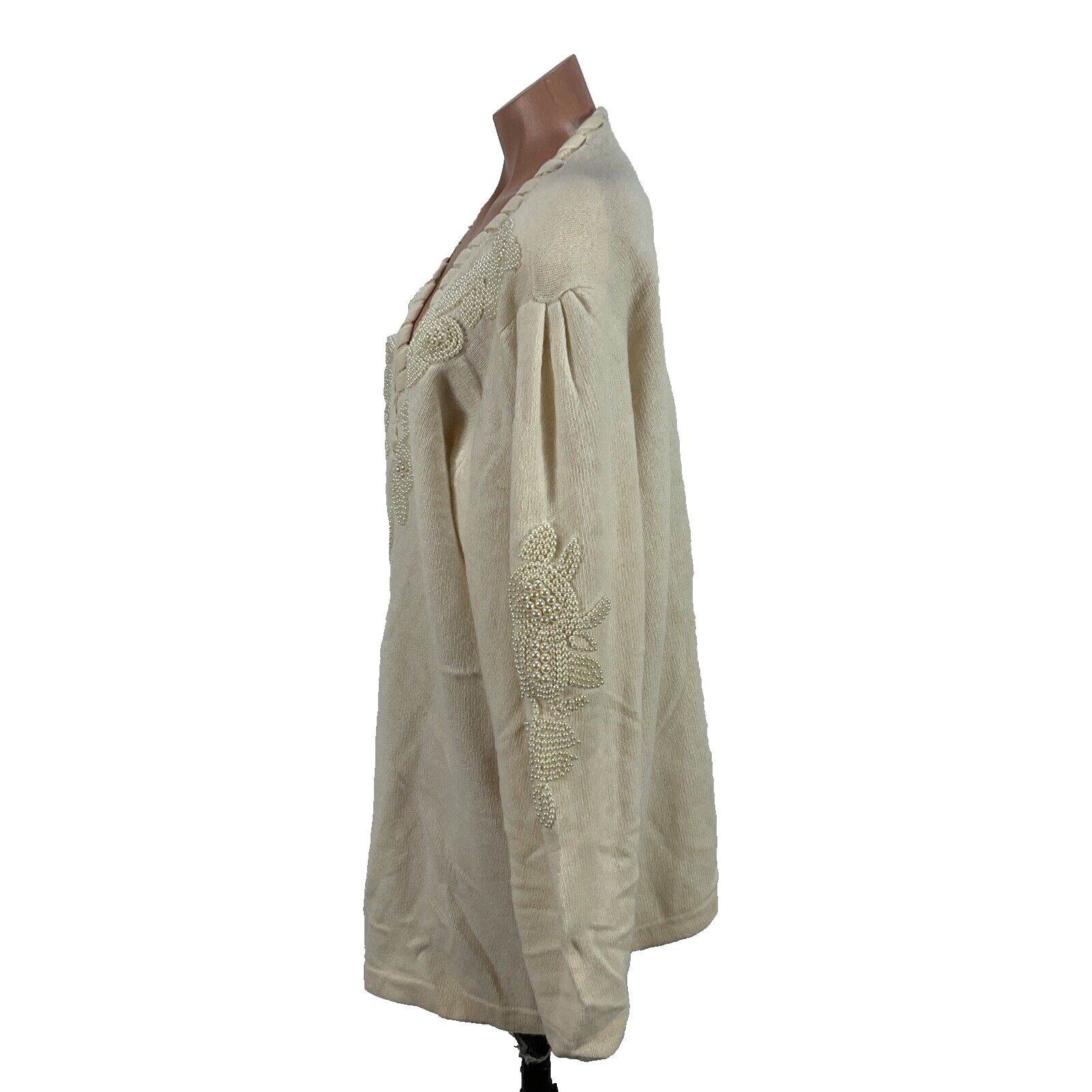 Vintage Cervelle Cardigan Sweater Ivory PLUS 2X Pearl Beads Shoulder Pads Angora