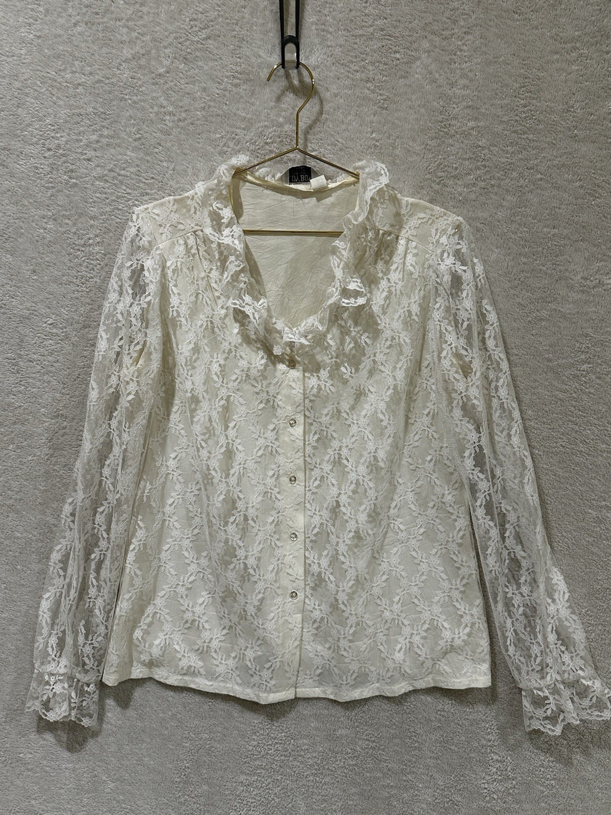 Vintage Blouse Top Shirt White Ruffled Lace Collar Cottagecore Judy Bond