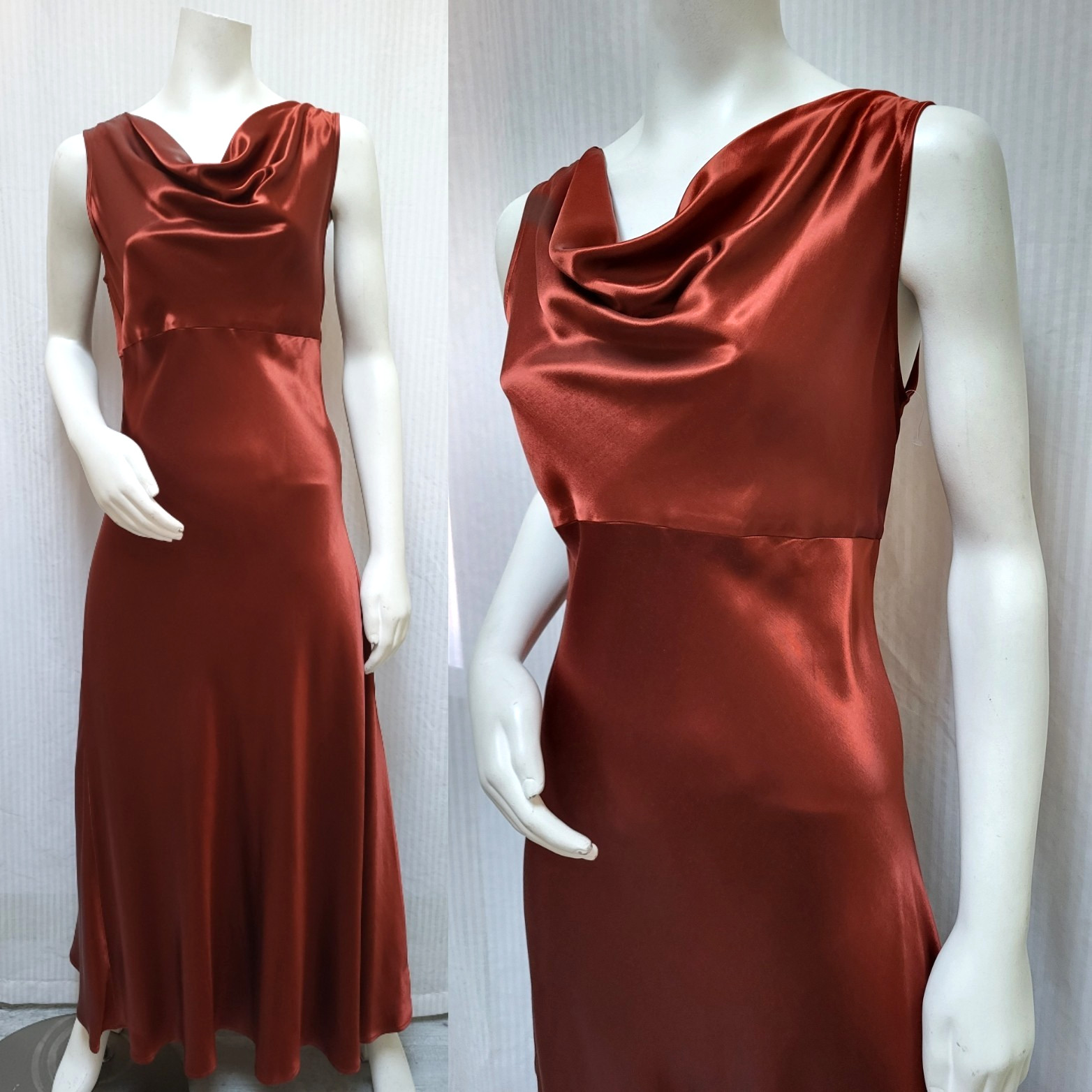NWOT Vintage BONNIE STRAUSS Copper Brown Satin Bias Cut Draped Dress – Size M