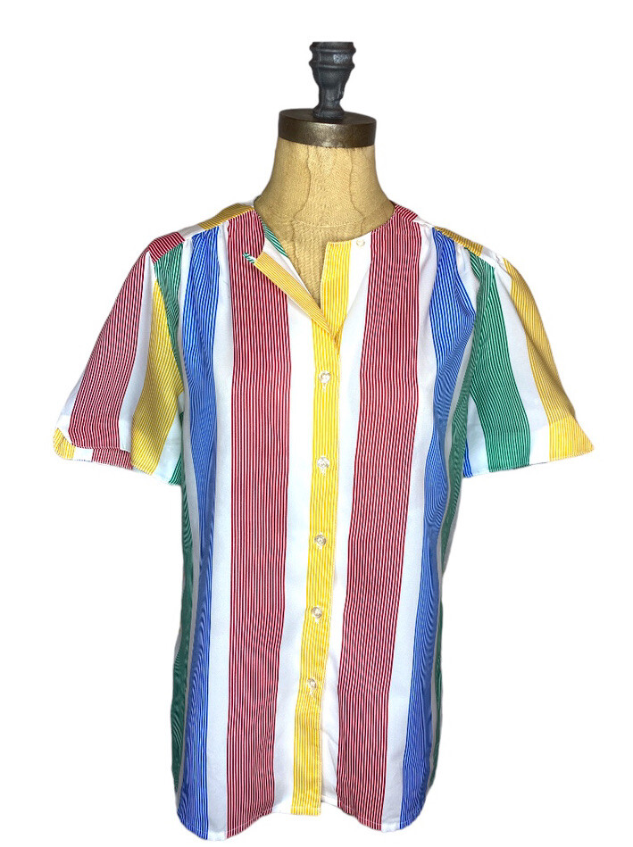 Vtg Rainbow Button Up Short Sleeve Top Blouse USA Made Lady Arrow Mistique