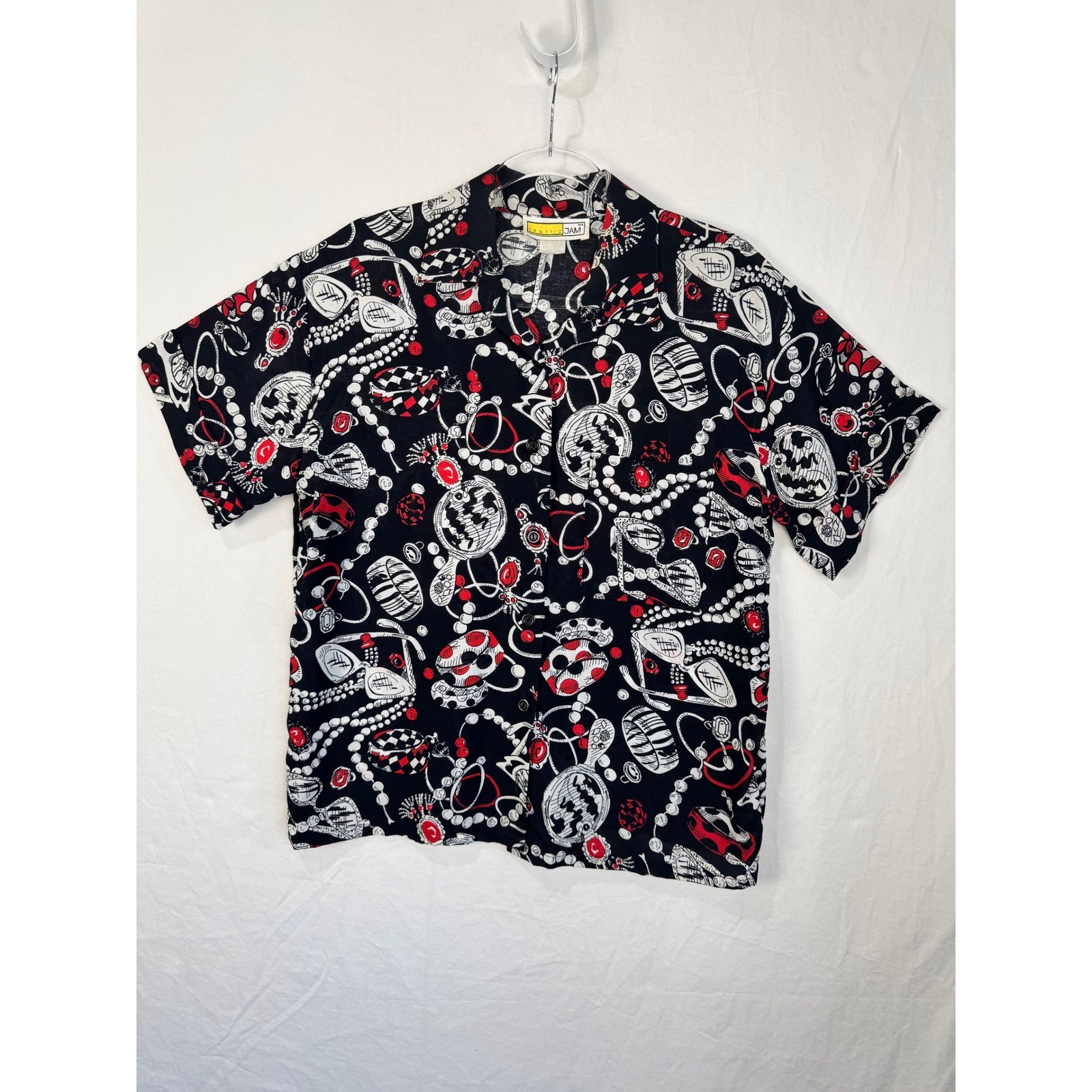 Vtg Traffic Jam Womens 90s Rayon Novelty Jewelry Print Blouse Red Black M