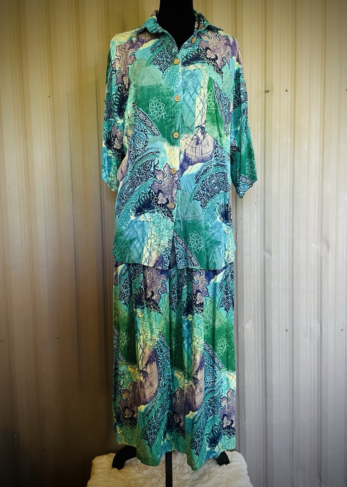 VTG 90’s Natalie 2 Piece Skirt Blouse Set Rayon Midi Mandalas Pleated Pockets L