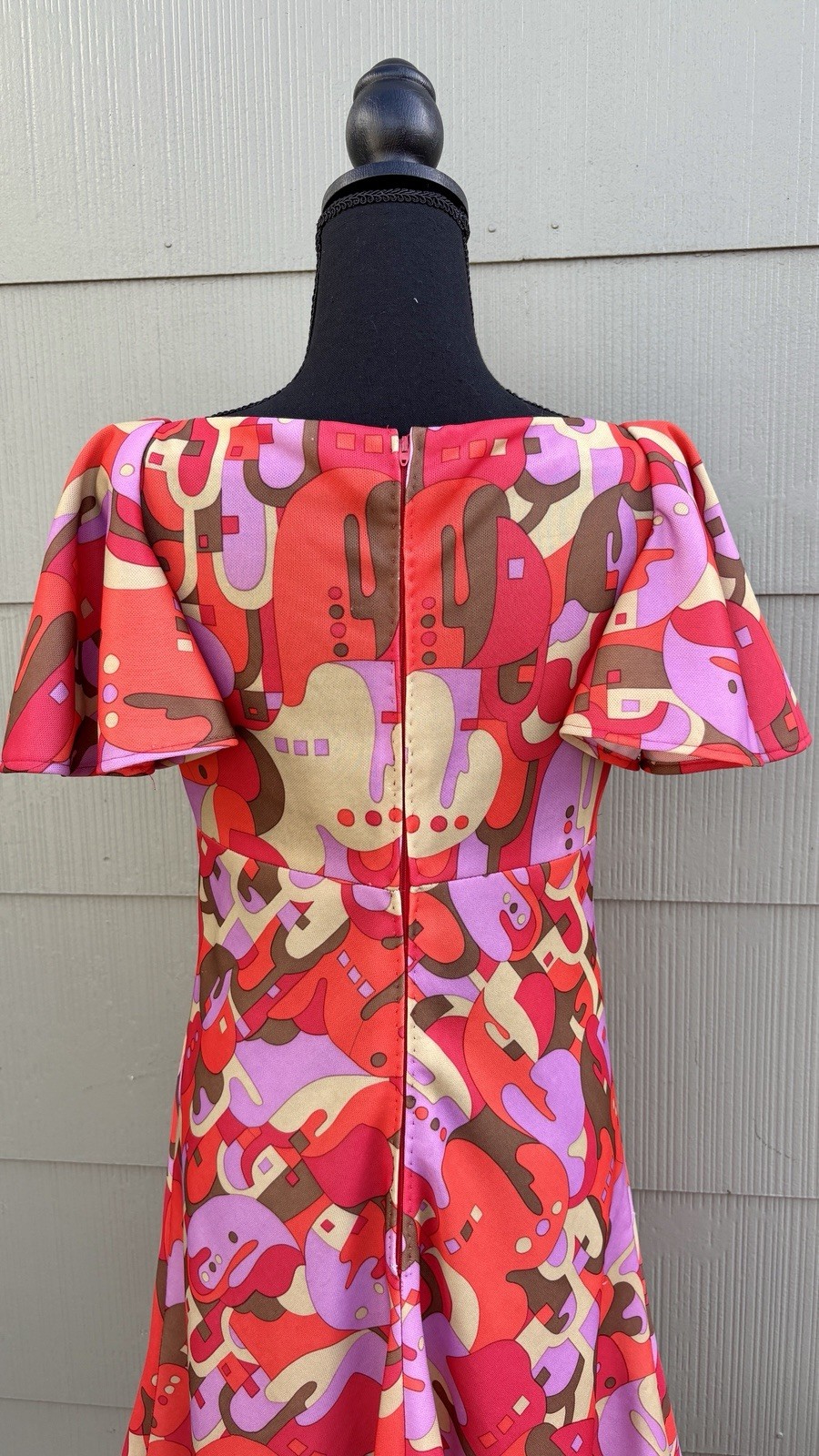 vtg 60s Colorful Geometric Print Flounce Sleeve Psychedelic A-Line Swing Dress
