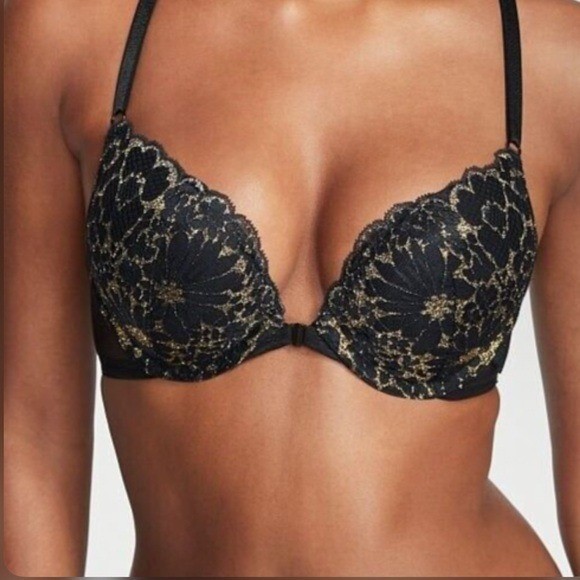 Victoria’s Secret SHINE Front-Close Bra in Black Metallic Floral Lace. Size 34D