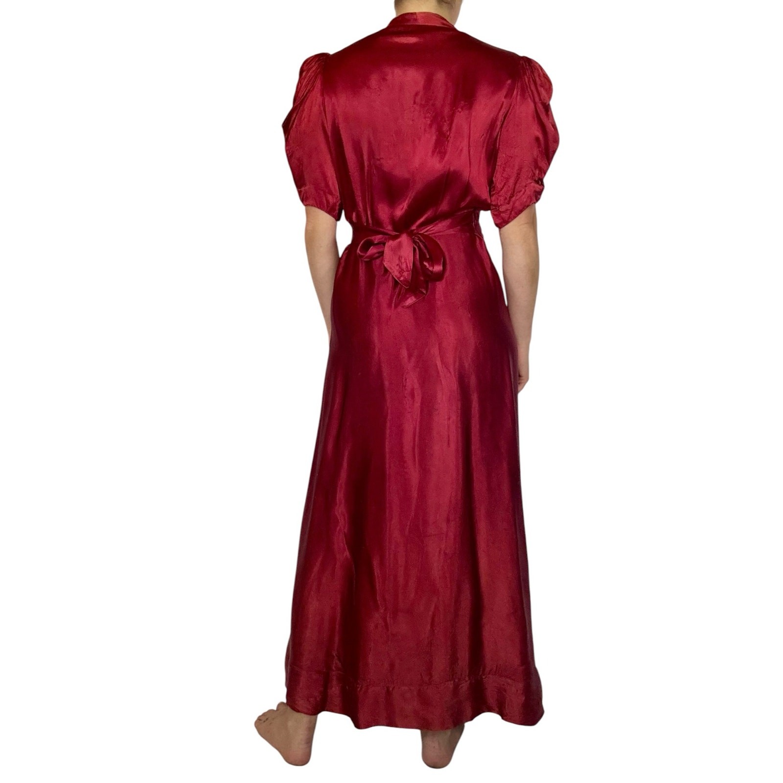 Vintage 1930s Liquid Satin Gown Quilted Floral Bias Cut Maroon Lounge Dress Gown