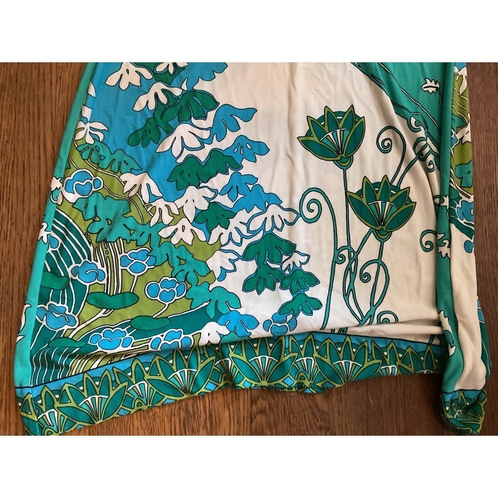 Donna Morgan Teal Floral Print Bell Sleeve Shift Dress Size 8 Retro Mod Style