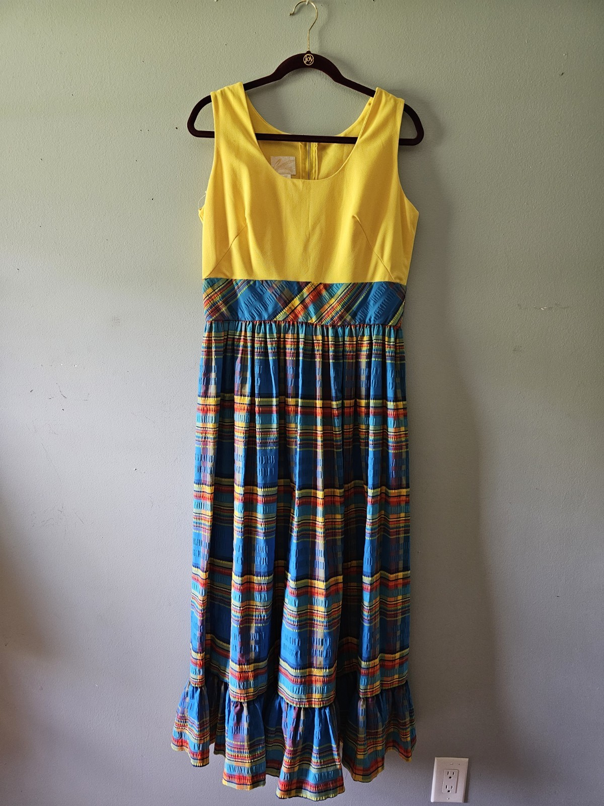 Vintage SWIRL Concept 70s Yellow Blue Plaid Ruffle Summer Maxi Plus Size Dress