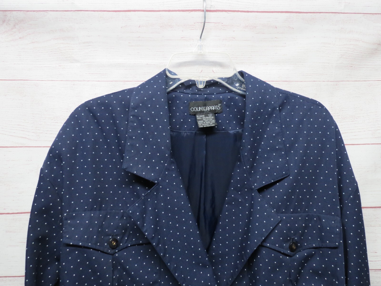 Vintage Size 12 Large Counterparts Navy Blue White Polka Dot Jacket Blazer