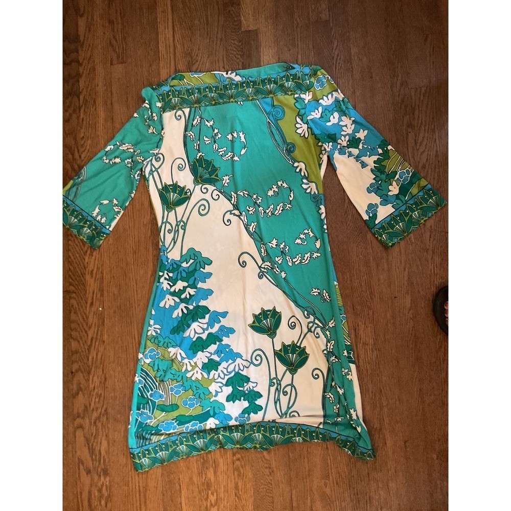 Donna Morgan Teal Floral Print Bell Sleeve Shift Dress Size 8 Retro Mod Style