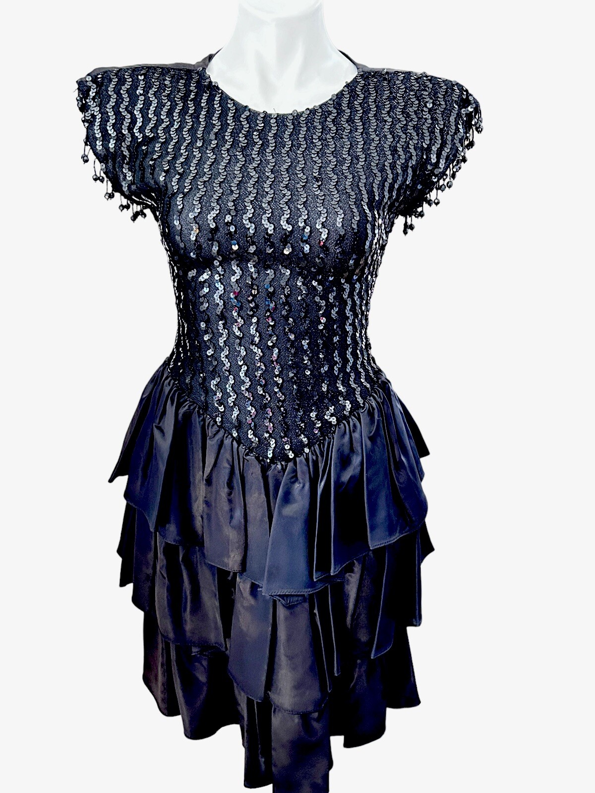Vintage Black Beaded Sequined Short Slv Gothic Fit & Flair Open Back Dress JR 3