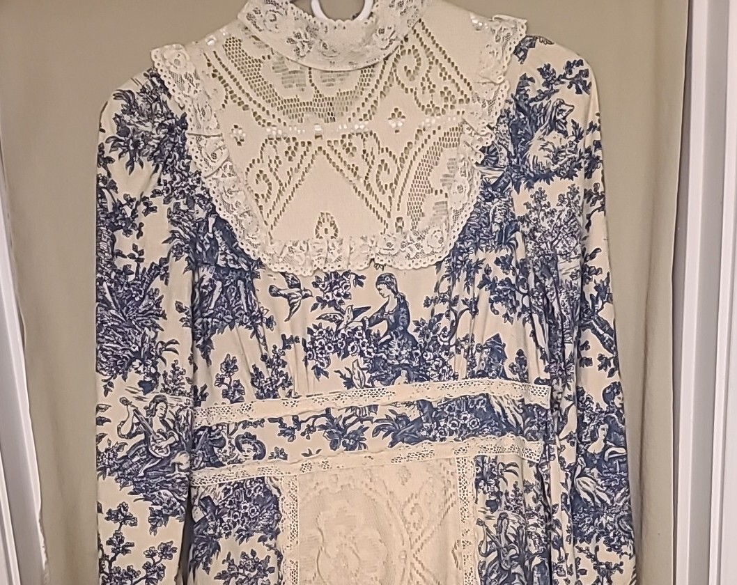 Gunne Sax Jessica Mcclintock Toile De Jouy Prarie Dress Vtg 70s Sz 9 Blue Cream