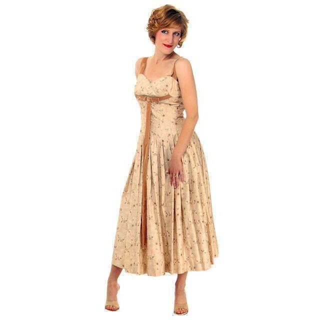 Vtg 50s Carlye Sundress S Embroidered Yellow Cotton Mocha Velvet Ribbon Trim
