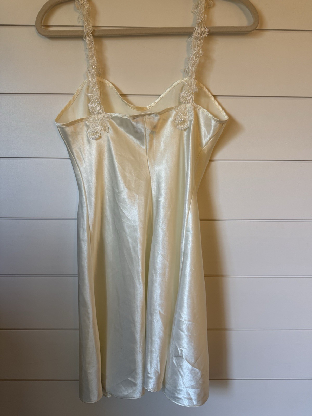Ivory Satin Lace Slip Regular Size Pearl Lace Straps Sleepwear Lingere